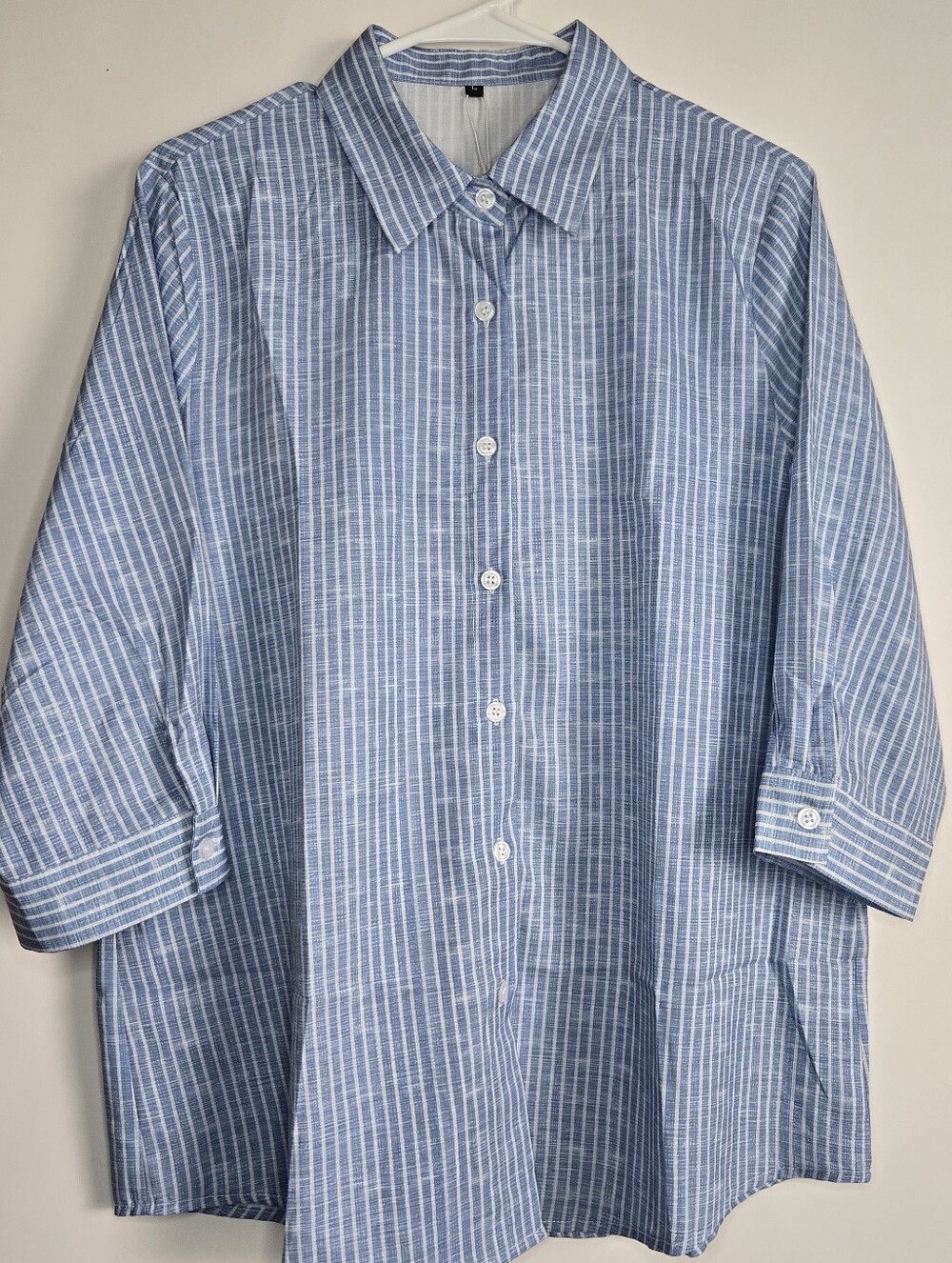 Womens Casual Button Down Blue & White Shirt Coastel Grandmother 3/4 Sleeve